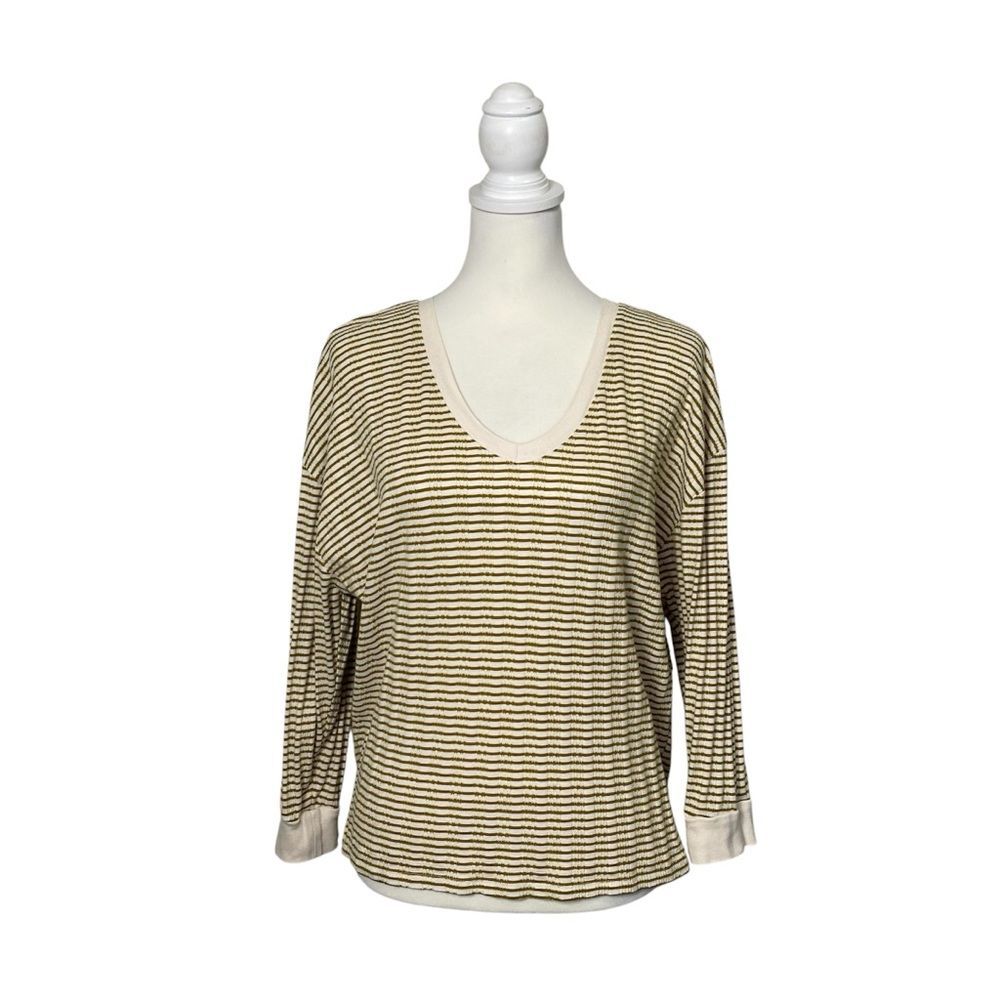 Anthropologie Stripe Knit Top Size Large Mustard Cream V Neck Long Sleeve Casual